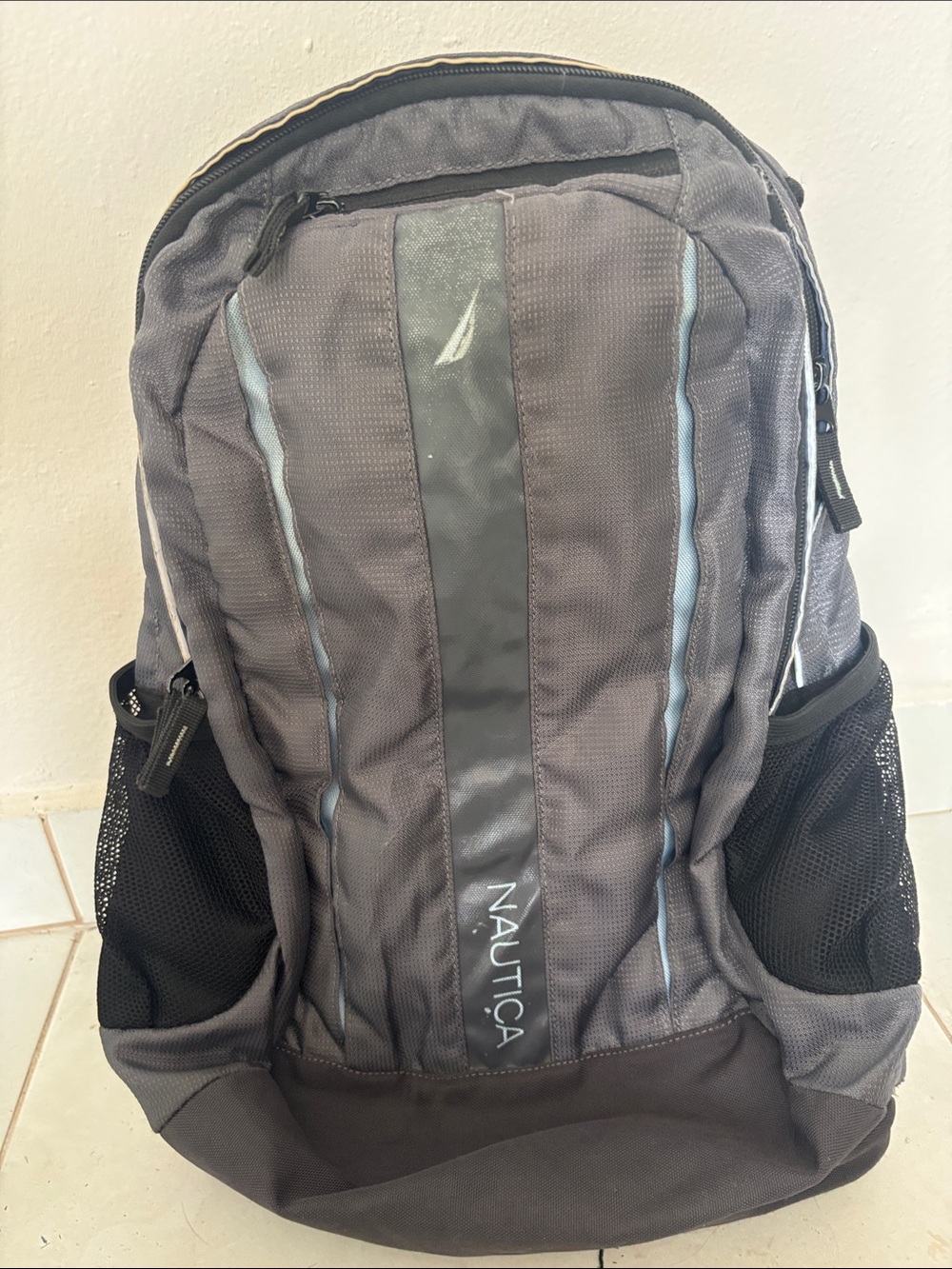 Nautica Gray and Black Men's Backpack with Blue Accents
